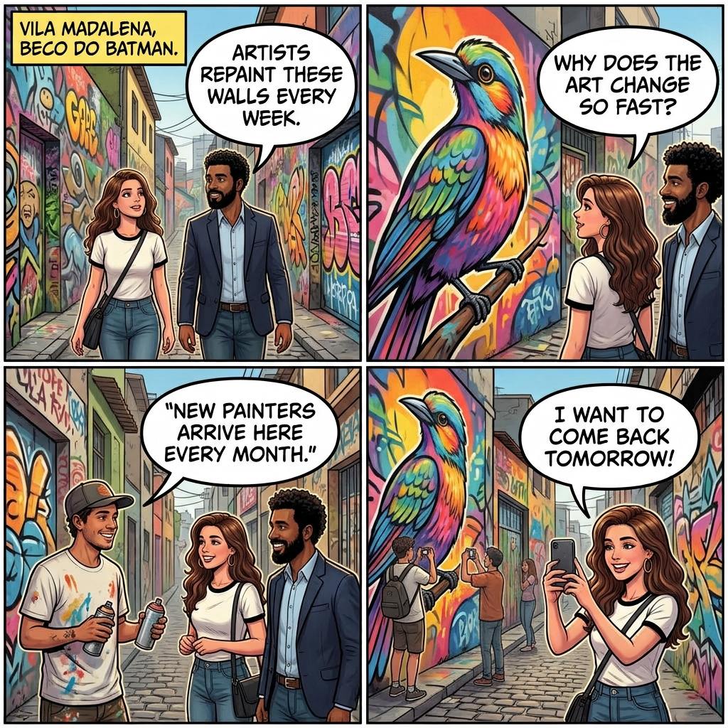A aluna e o Teacher Savitzki no Beco do Batman, na Vila Madalena, diante de um mural de pássaro colorido